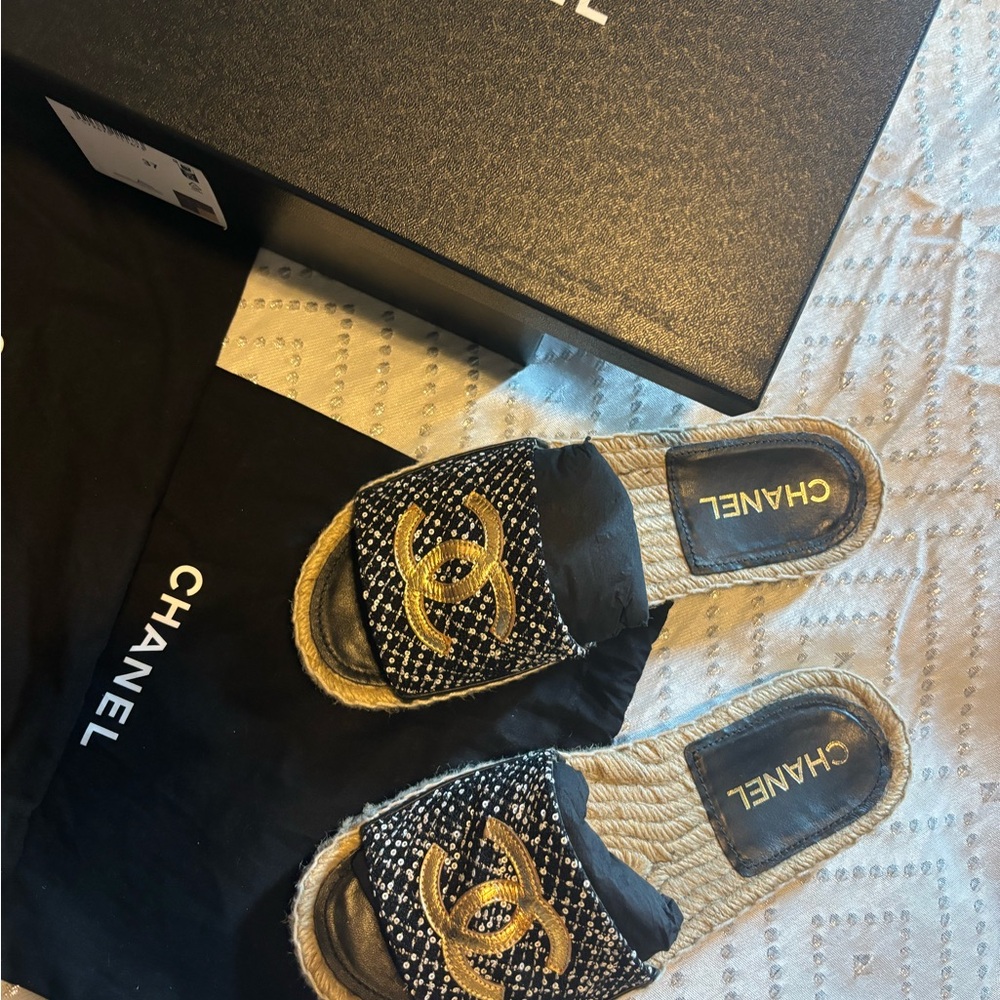 Black Tweed Chanel open toe Sandals from SS24